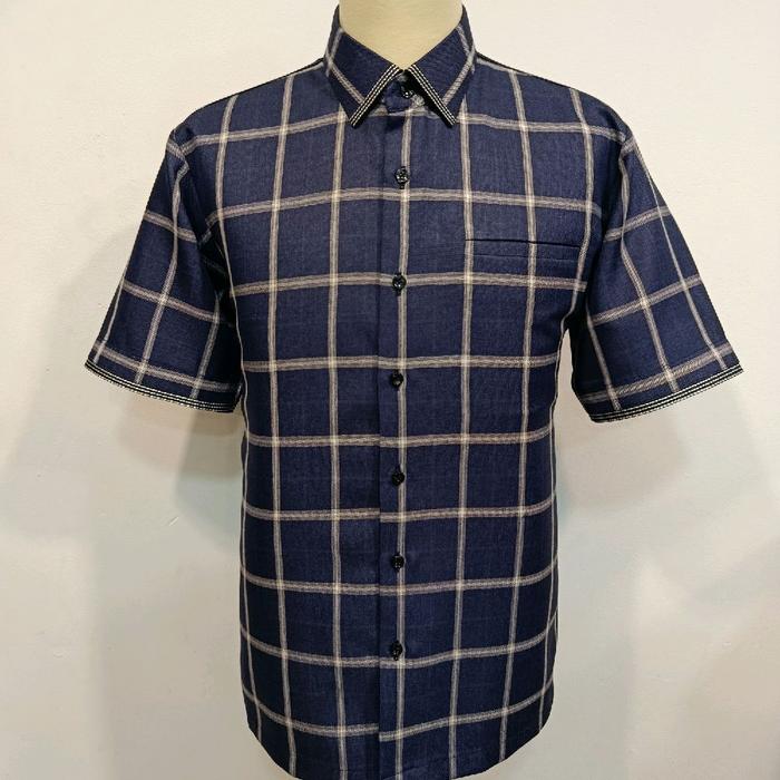kemeja kotak navy,  kemeja semi wool premium,  kemeja pejabat