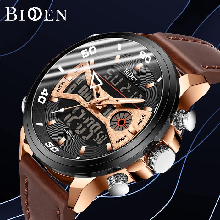BIDEN Jam Tangan Pria Olahraga Tahan Air Jam Analog&Digital Tali Kulit Minggu/Tanggal/Waktu Ganda Di