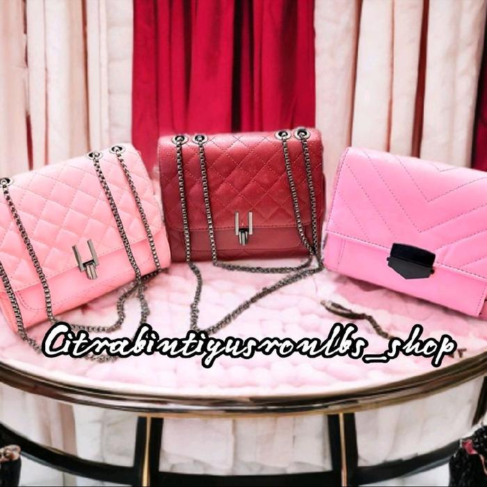 Tas Selempang Wanita Rantai Elegan Mini 2in1 - warna pink dan merah kunci besi hitam_ kulit sintetis