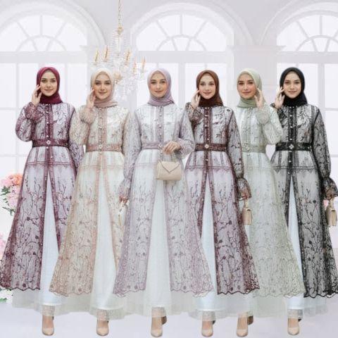 SABIYA SET GAMIS BAHAN JERSEY MIX TILE DOT + OUTER BROKLAT PAYET