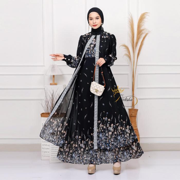 Delisha - Arrumi Dress / Gamis Sage Ceruty Baby Doll Premium Berfuring Mewah Busui