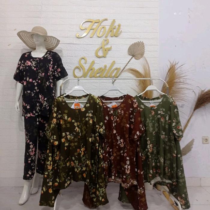 Baju tidur hoki sheila jumbo rayon premiium ld 120 lengan pendek celana panjang bahan rayon premium 