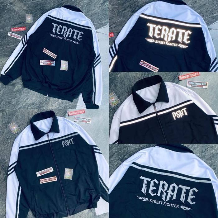 Terate Jaket Street Fighter Hitam Putih dengan Logo PSHT dan Desain Stripes Samping
