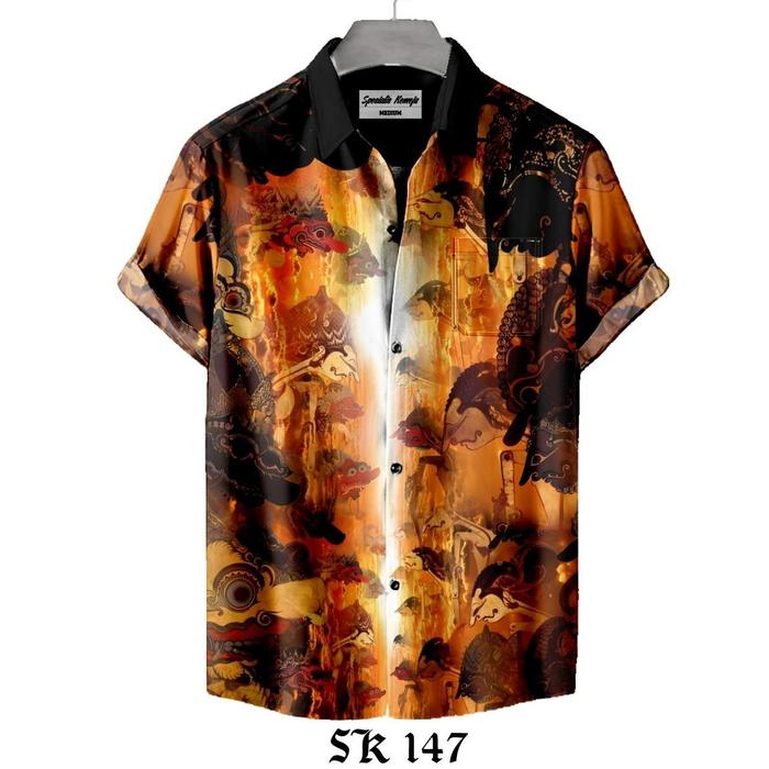 Kemeja Casual Pria Motif Wayang Kulit Budaya Lengan Pendek & Panjang SK-147 - Baju Printing Streetwe