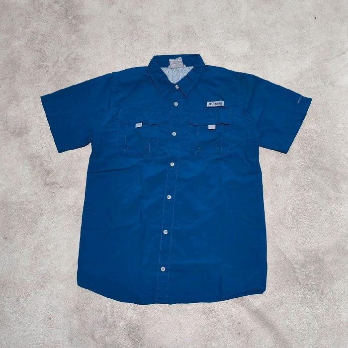 Kemeja tangan pendek pria outdoor hiking gunung Columbia pfg biru bekas