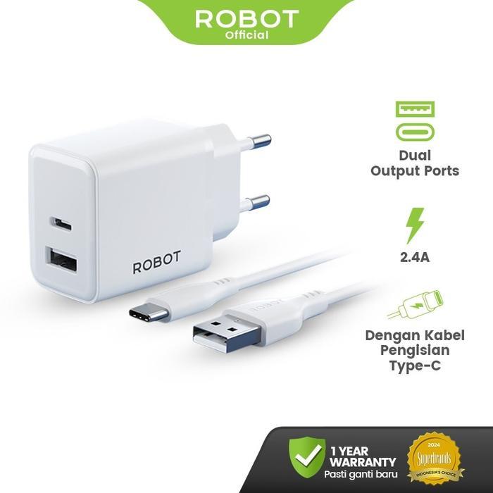 ROBOT RT-L3C Adaptor Charger 12W  Adapter Fast Charging Dual Port with Micro USB Type-C Cable 2.4A K