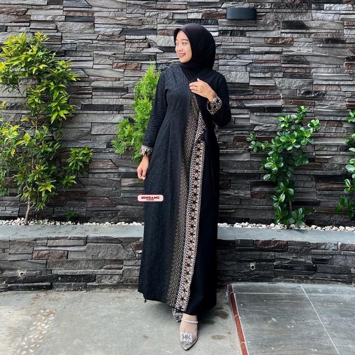 Baju Gamis Batik Wanita Premium Kombinasi Polos Lengan Balon untuk Lebaran Kondangan - Dress, Muslim