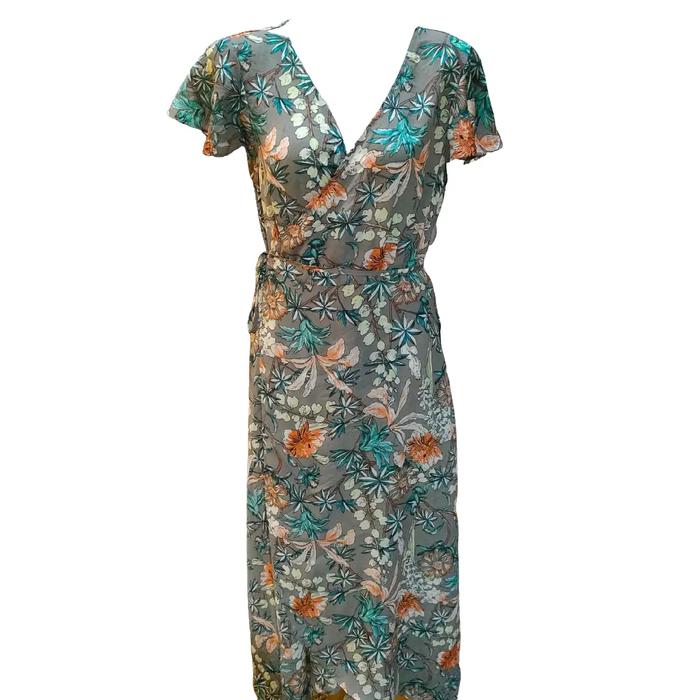 long outer abu abu dengan motif bunga bunga Panjang Wanita