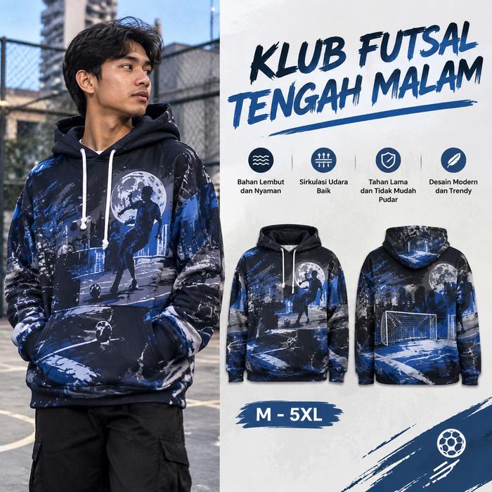 Hoodie Pria Motif Futsal Malam Biru Hitam, Sweater Kupluk Lengan Panjang Tipis, Saku Depan, Gaya Spo