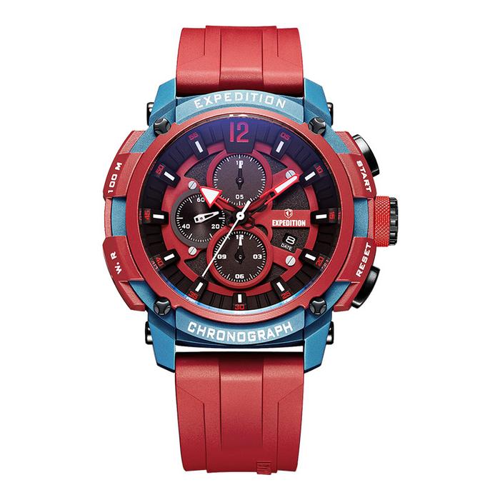 Jam Tangan Pria Expedition Chronograph E 6781 MC RUBBARE Men Two Tone Dial Red Rubber Strap