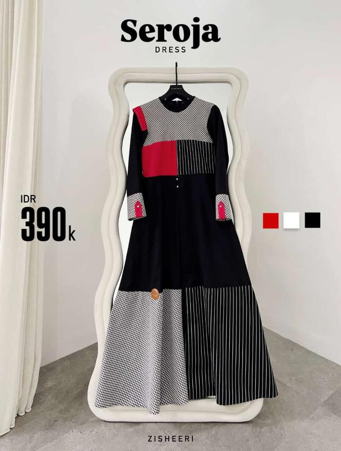 ZISHEERI GAMIS SEROJA REPRO HITAM DRESS MUSLIM WANITA FULL KATUN ANGGUN LEBAR KEKINIAN