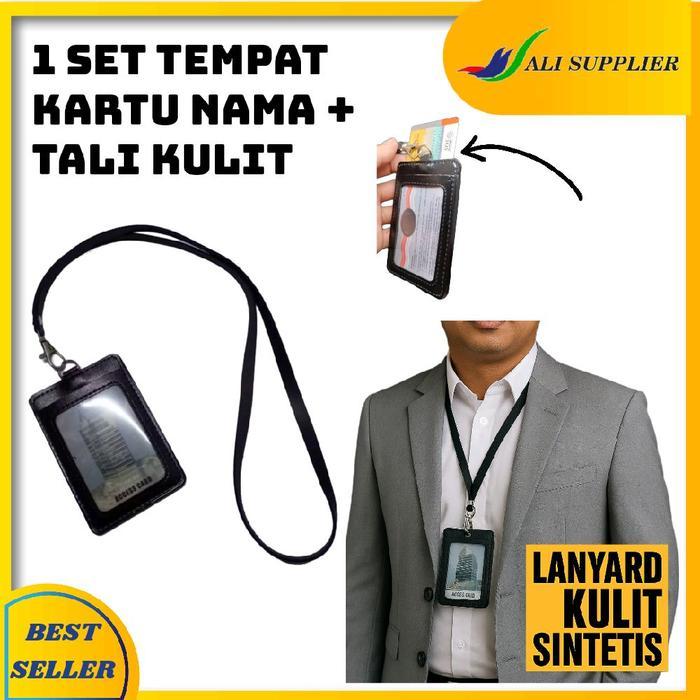 TEMPAT KARTU NAMA KULIT + TALI KULIT / ID CARD CASE HOLDER + TALI / NAME TAG KULIT / TALI TANDA PENG