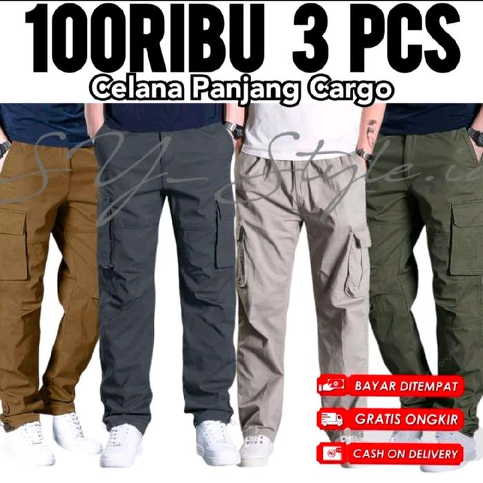 [PAKET MURAH 100 RIBUAN DAPAT 3 PCS ] Celana Cargo Kargo Panjang Pria Cowok Dewasa Katun Twill Distr