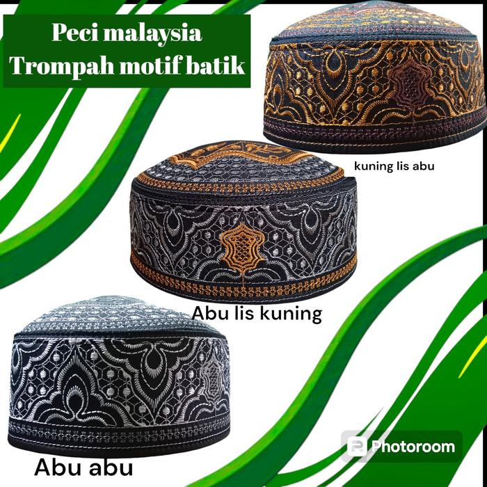 Peci Malaysia Trompah Motif Batik Full Bordir Muslim Kopiah Dewasa - Elegan dan Klasik - Hitam,
