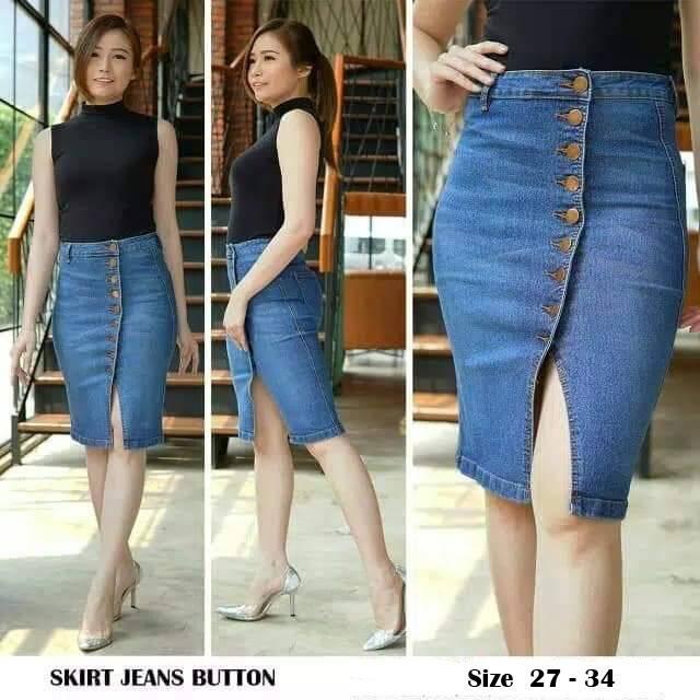 Ckey Rok Jeans Span Kancing Rok Jeans Wanita -