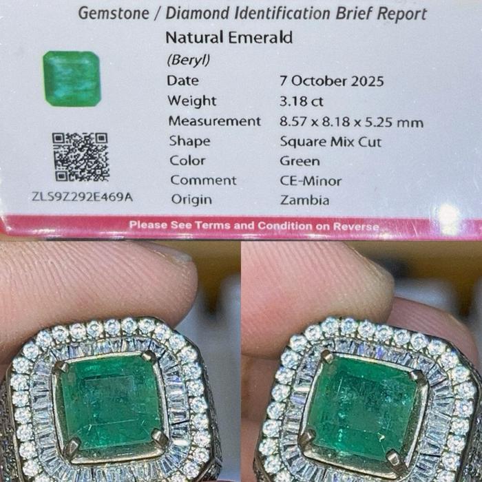 Natural emerald beryl/zambrud ring perak taper memo cgl