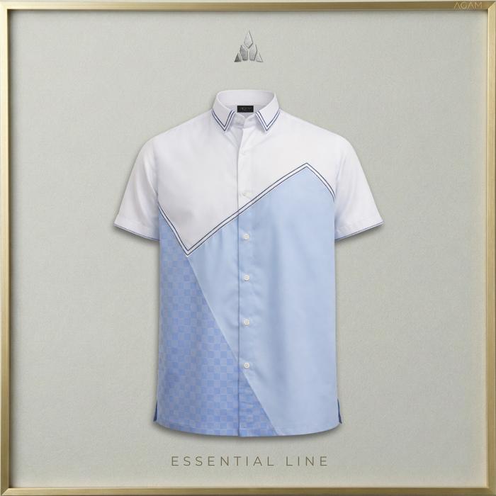 AGAM ESSENTIAL – Kemeja Pria Lengan Pendek (Putih-Biru) Semi-Formal Aksen Diagonal – Structured Exec