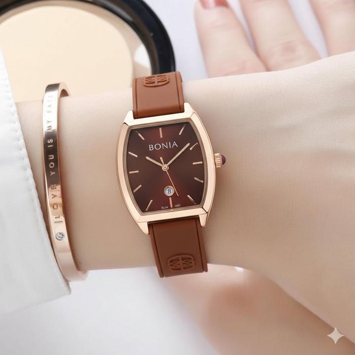 Bonia Women Watch BNB10837-2542 Brown Silicone Strap Rose Gold Case Quartz Analog Date Display Jam T