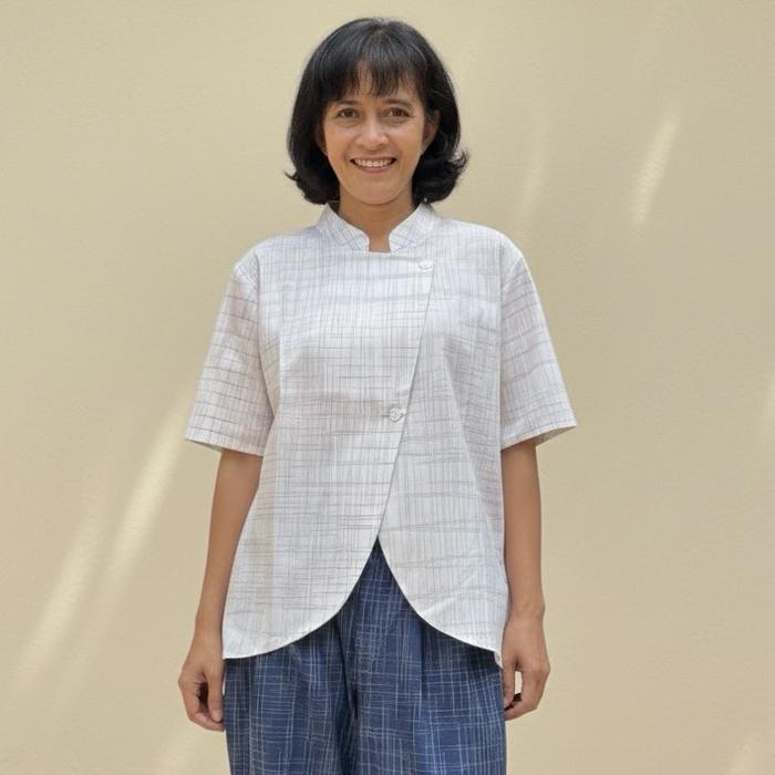 Okainku Kenes Blus Janggan Lurik Motif Gambang Suling Lengan Pendek All Size Baju Wanita Casual
