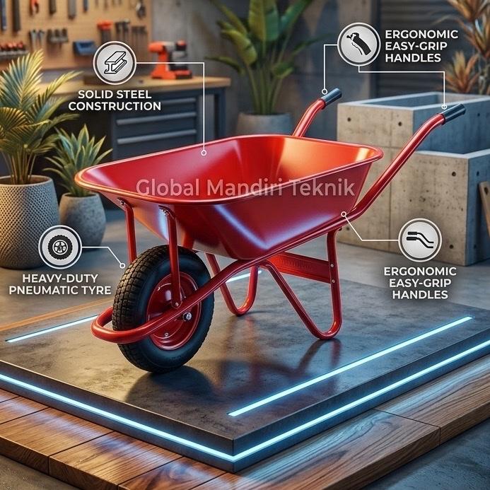 Global Mandiri Teknik GEROBAK PASIR Roda Baja Kokoh dengan Ban Pneumatik Berat dan Pegangan Ergonomi