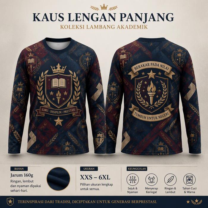 Kaus Lengan Panjang Akademik Biru Tua Merah Anggur Motif Lambang Sekolah Full Print