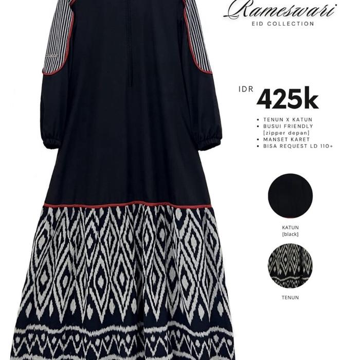 Rameswari Series By Zisheeri | Gamis Zisheeri | Gamis Wanita Muslim Couple Hitam Ibu Katun Motif Toy