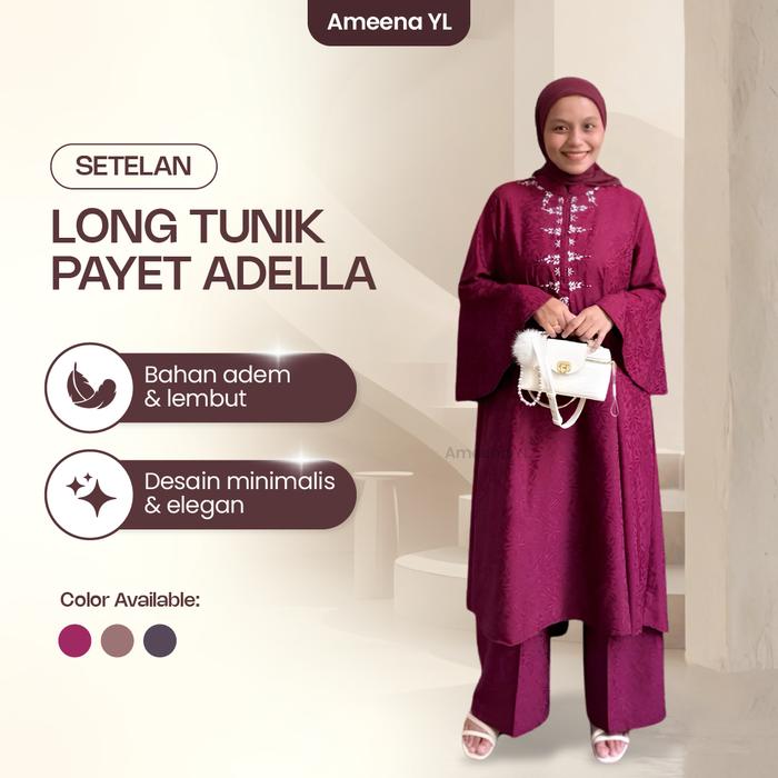 Setelan Long Tunik Payet Adella Cotton Jaguard Baju Wanita Setcel Celana Panjang Mewah Adem