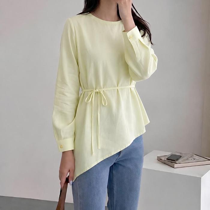 BLOUSE ASIMETRIS RAYON TWILL MINA | ATASAN WANITA BAJU TANGAN PANJANG TALI SERUT MINIMALIST LOOK