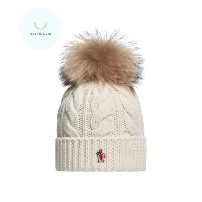 Moncler Grenoble cable knit wool and cashmere beanie with pom pom Olive Green White