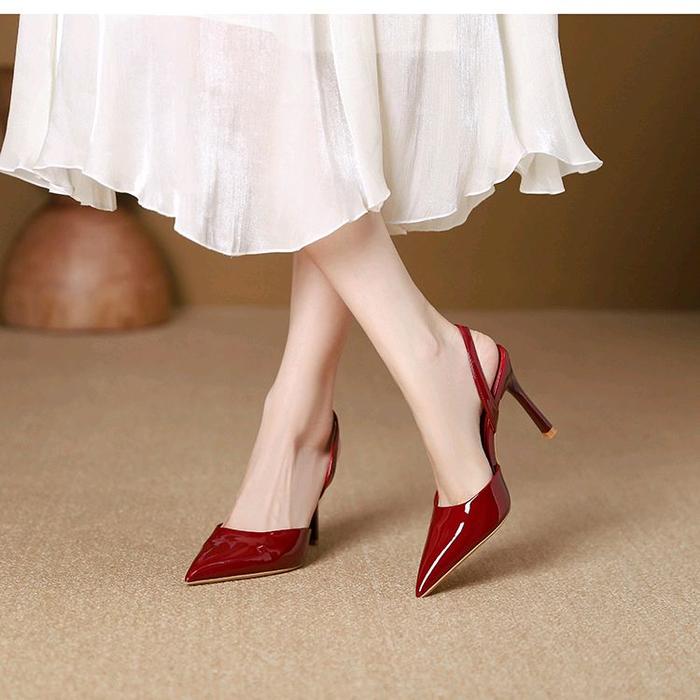 DC01 Sepatu Heels Mules Sandal Wanita Tinggi 9cm cm Kulit Sintetis Glossy Sol Karet Nonslip Size 36-