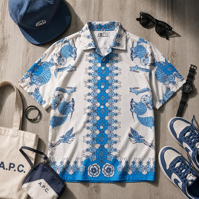 Kemeja Pria Motif Burung Biru Vintage Premium Lengan Pendek Full Print - Azure Aviary (Open Collar)