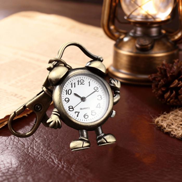 IMPORT Vintage Alarm Clock Retro Bronze Robot Quartz Pocket Watch Personalized Keychain Mini Fob Clo