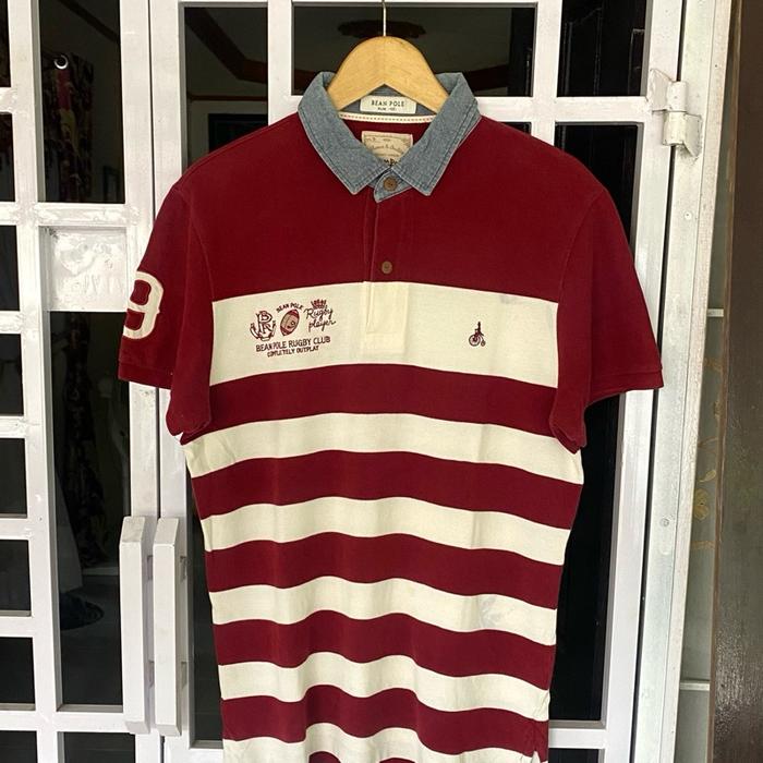Kaos kerah Poloshirt polo atasan laki laki pria cowok rugby strip salur garis merah putih Bean Pole 