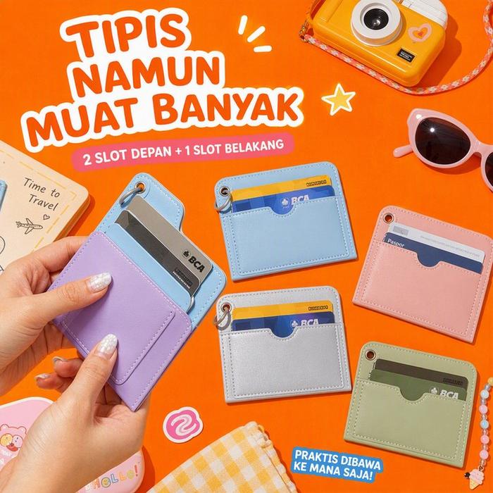 Dompet Kartu Travel Tipis Card Holder Layered 3 Slot Kartu Cincin Gantungan Lanyard Untuk Tiket Doku