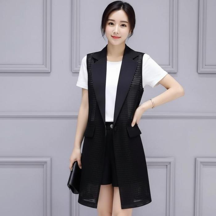 Aink Bandung Long Blazer Jala Mesh Wanita Kekinian | Outer Tanpa Lengan Stylish Hitam Putih