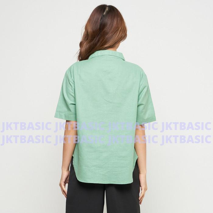 Y✪L7 KEMEJA WANITA LINEN LENGAN PENDEK HIJAU SAGE GREEN OPEN COLLAR SHIRT R㊚NC