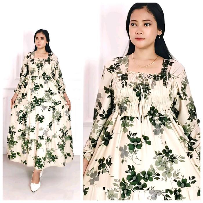 Gamis smoke Moeza  jumbo LD 120 PB 130/Gamis kerut dada susun rempel