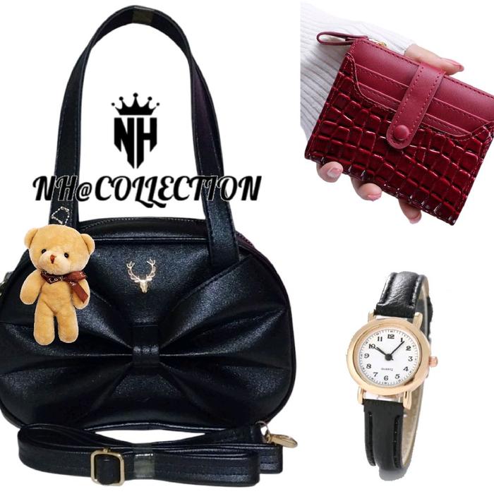 NH@COLLECTION Paket Bundling Murah 1 Set 3 Produk Tas Selempang Wanita Mega Fashion Dompet Genie Jam