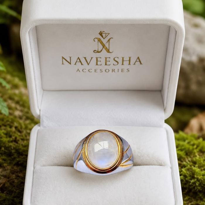 Cincin batu biduri bulan moonstone rung titanium super mewah