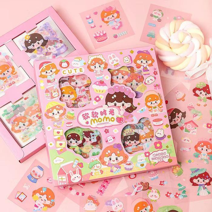 100 Lembar Stiker Motif Kartun Korea Lucu Anti Air Dekorasi Handbook Scrapbook DIY Momo