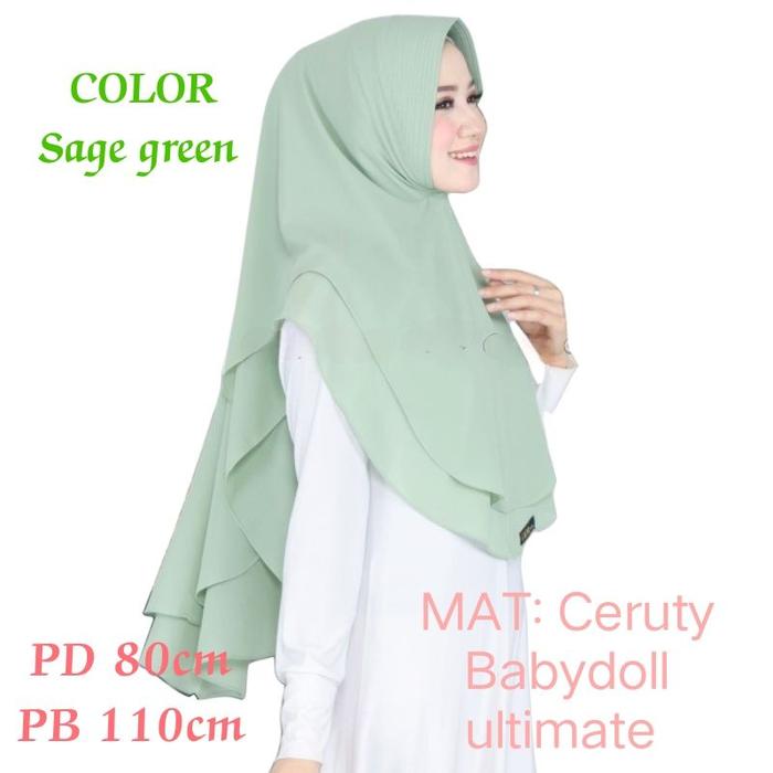 HIJAB JILBAB KHIMAR SAGE GREEN JUMBO 2 LAYER MAT CERUTY BABYDOLL WARNA HIJAU TERBARU