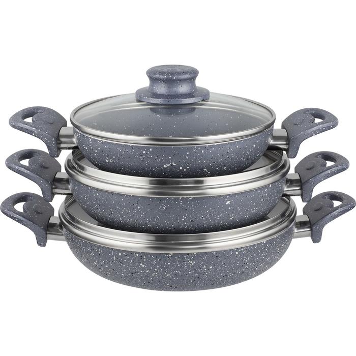 Granite Coated Nonstick Frying Pan Set Double Handle With Glass Lids 3 Pcs Cookware Set Omelette Pan