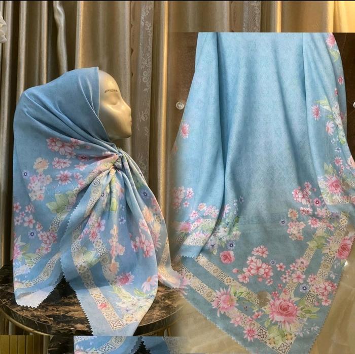 HIJAB SEGI EMPAT VOAL MOTIF BUNGA BIRU WARDAH KOMBI PINK