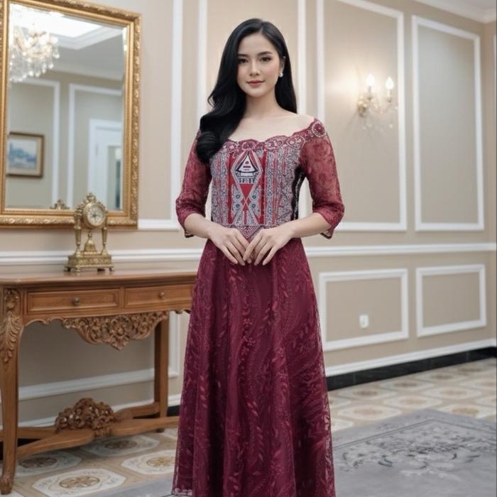 Dress Gereja/ Tile Bordir berpayet kombinasi katun gorga batak Gaun Cantik