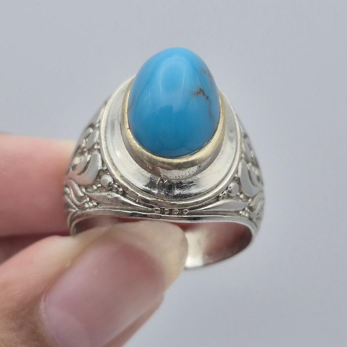 Cincin batu Natural Pirus Mesir Polos, 13,2x9,1x9,5, ukuran jari 9,5