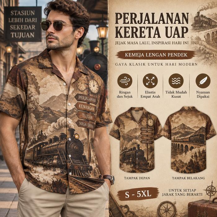 Kemeja Batik Pria Lengan Pendek 3D Motif Kereta Uap Klasik, Pegunungan, Jam Saku dan Papan Petunjuk 