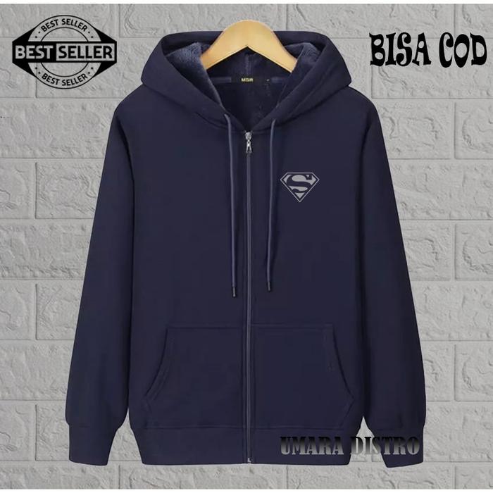 UMARA DISTRO Jaket Resleting Distro Logo Supermen Text Silver Premium Pria Wanita Sweater Hoodie Pri
