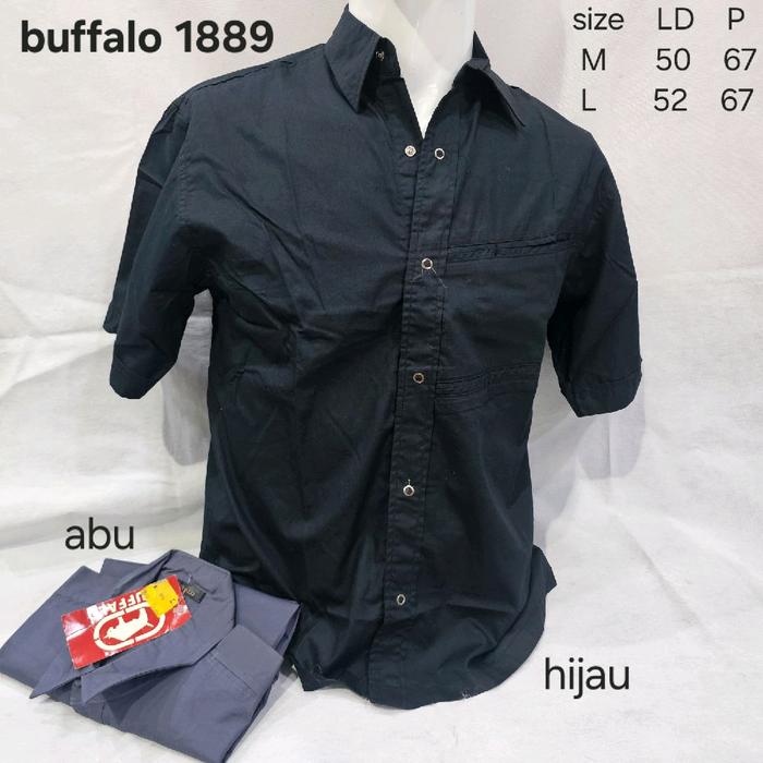 kemeja lengan pendek hem shirt polos hijau abu buffalo 1889