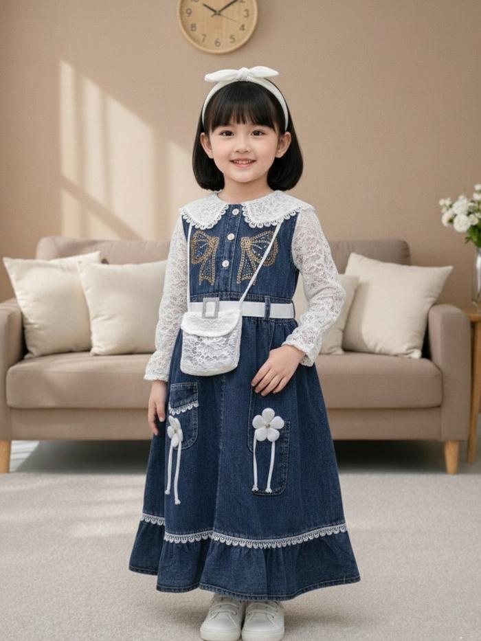 Gamis Anak Kumala Jeans Import Model Korea Kerah Brukat Bordir Mewah Import Premium / Baju Muslimah 