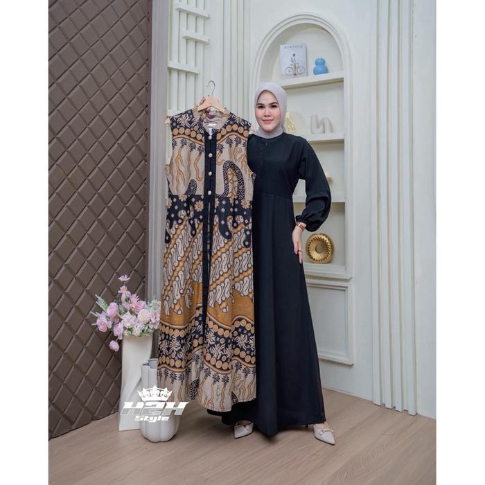 Gamis Batik Pesta 2 In 1 Mewah Kombinasi Jack Black Dress Kondangan Gamis Seragaman Muslim Busui Fri